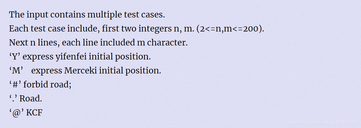 The input contains multiple test cases.Each test case include, first two integers n, m. (2<=n,m<=200).Next n lines, each line included m character.‘Y’ express yifenfei initial position.‘M’    express Merceki initial position.‘#’ forbid road;‘.’ Road.‘@’ KCF