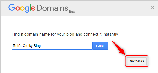 The Google Domains panel, with "No thanks" highlighted.