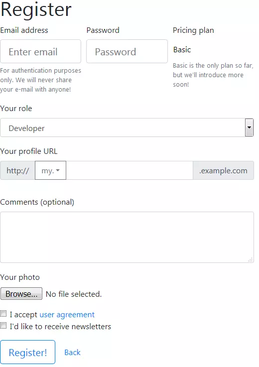 Completed Bootstrap form component styled using grid classes