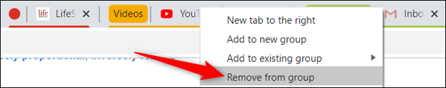 Right-click on a tab and choose "Remove from group" to remove a tab from the current grouping.