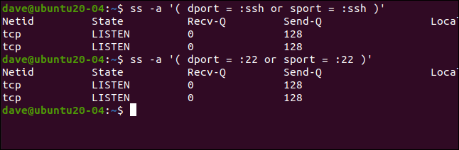 ss -a ‘( dport = :ssh or sport = :ssh )’in a terminal window.