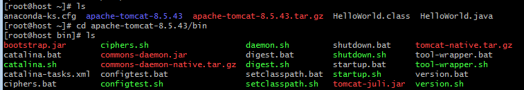 [root@host ~]# lsanaconda-ks.cfg  apache-tomcat-8.5.43.tar.gz  HelloWorld.class  HelloWorld.java[root@host ~]# tar -zxvf apache-tomcat-8.5.43.tar.gzapache-tomcat-8.5.43/conf/apache-tomcat-8.5.43/conf/catalina.policyapache-tomcat-8.5.43/conf/catalina.propertiesapache-tomcat-8.5.43/conf/context.xmlapache-tomcat-8.5.43/conf/jaspic-providers.xmlapache-tomcat-8.5.43/conf/jaspic-providers.xsdapache-tomcat-8.5.43/conf/logging.propertiesapache-tomcat-8.5.43/conf/server.xmlapache-tomcat-8.5.43/conf/tomcat-users.xmlapache-tomcat-8.5.43/conf/tomcat-users.xsdapache-tomcat-8.5.43/conf/web.xmlapache-tomcat-8.5.43/bin/