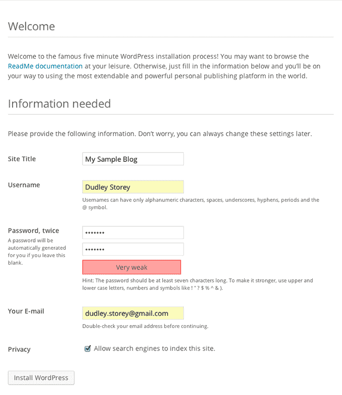 Screenshot of WordPress 3.8 admin setup