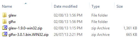 Notice that I've stripped the version identifier from both glfw and glew folders. This isn't necessary. I did that to simplify the folder paths to be referenced later on the Visual Express project configuration (explained in detail at part 4).