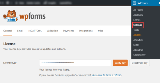 Enter your license key for WPForms