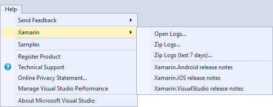 Xamarin menu item displayed on the Help menu