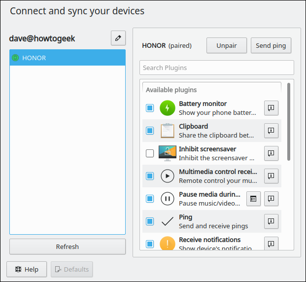 KDE paired device settings and functions