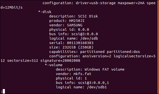 output of lshw in less in a terminal window