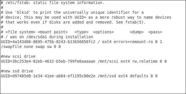 fstab file after editing and adding the SCSI and SSD drives