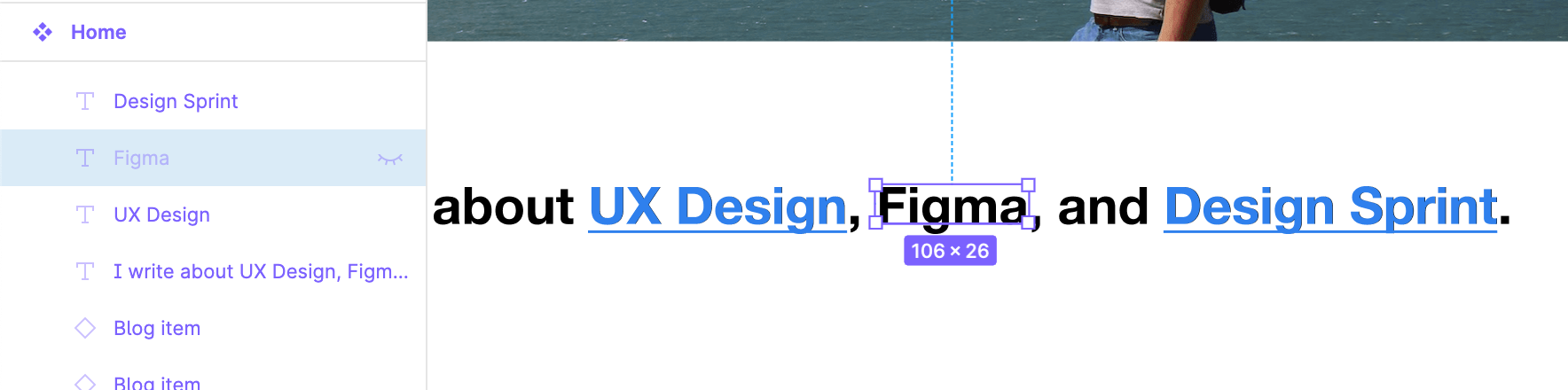 The ‘Figma’ URL layer is hidden, and demonstrating how it should look in the layers panel, left and the editor, right.