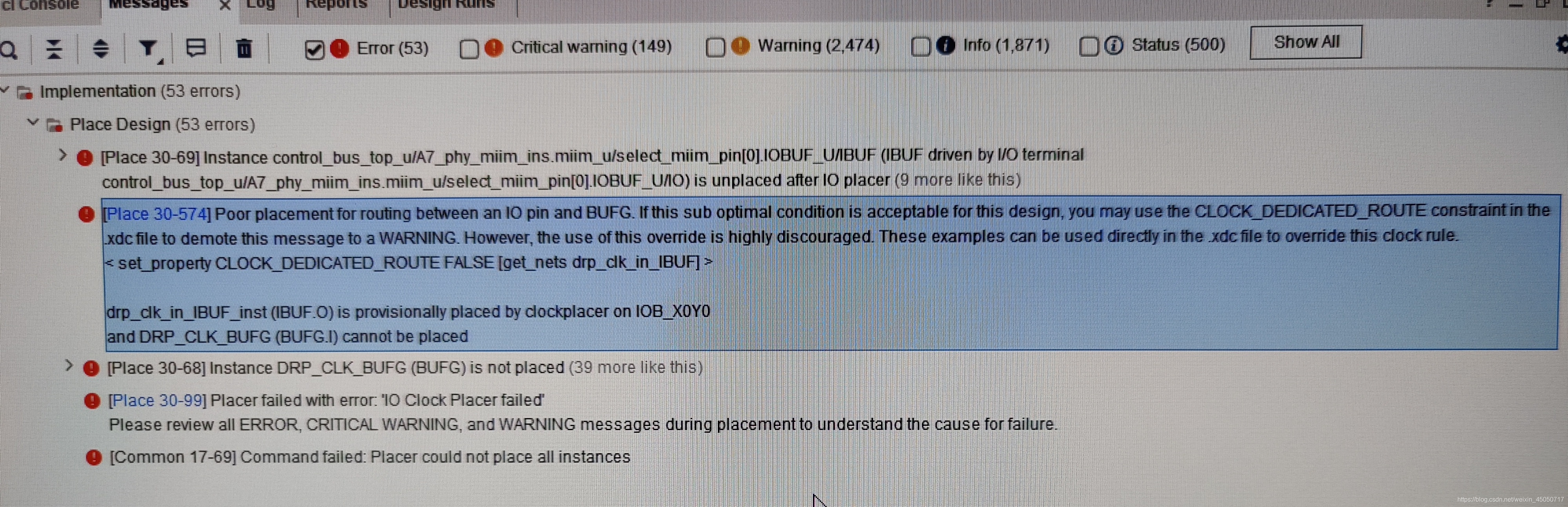 实现阶段提示报错place 30-69和place 30-574，原因是对5bit位宽双向口加的一个三态缓冲器，但是只用了1个bit，其它4bit以wire类型定义了，会导致该问题
