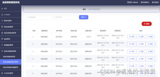 图5-13流浪动物救助留言管理界面