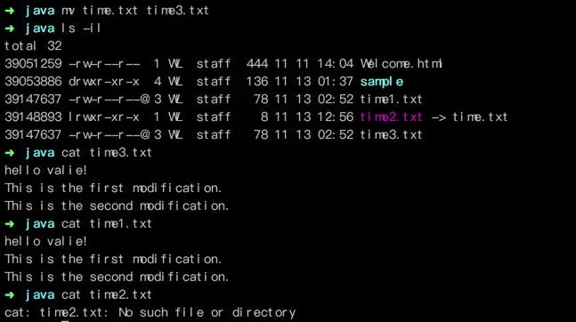 time.txt重命名后，它的软链接 time2.txt失效，硬链接保持有效