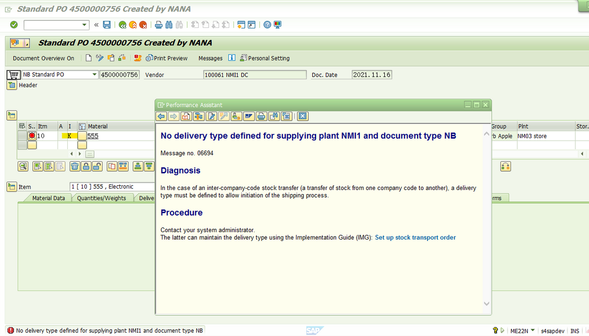 SAP MM 维护公司间STO报错-No delivery type defined for supplying