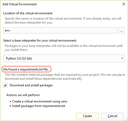 包含 requirements.txt 消息的“添加虚拟环境”对话框