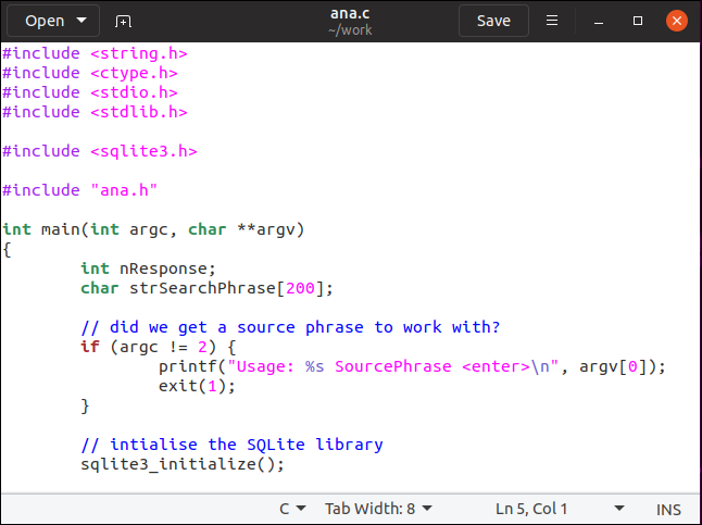 gedit with ana.c file open for editing