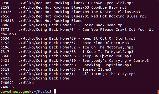 Output from the "du --apparent-size -a" command in a terminal window.