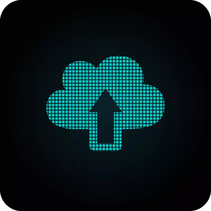 Abstract image symbolizing upload - a cloud shape made from glowing teal pixels, and in front of it, or inside it, an arrow pointing upwards