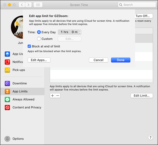 The "Edit App Limit" menu on a Mac.