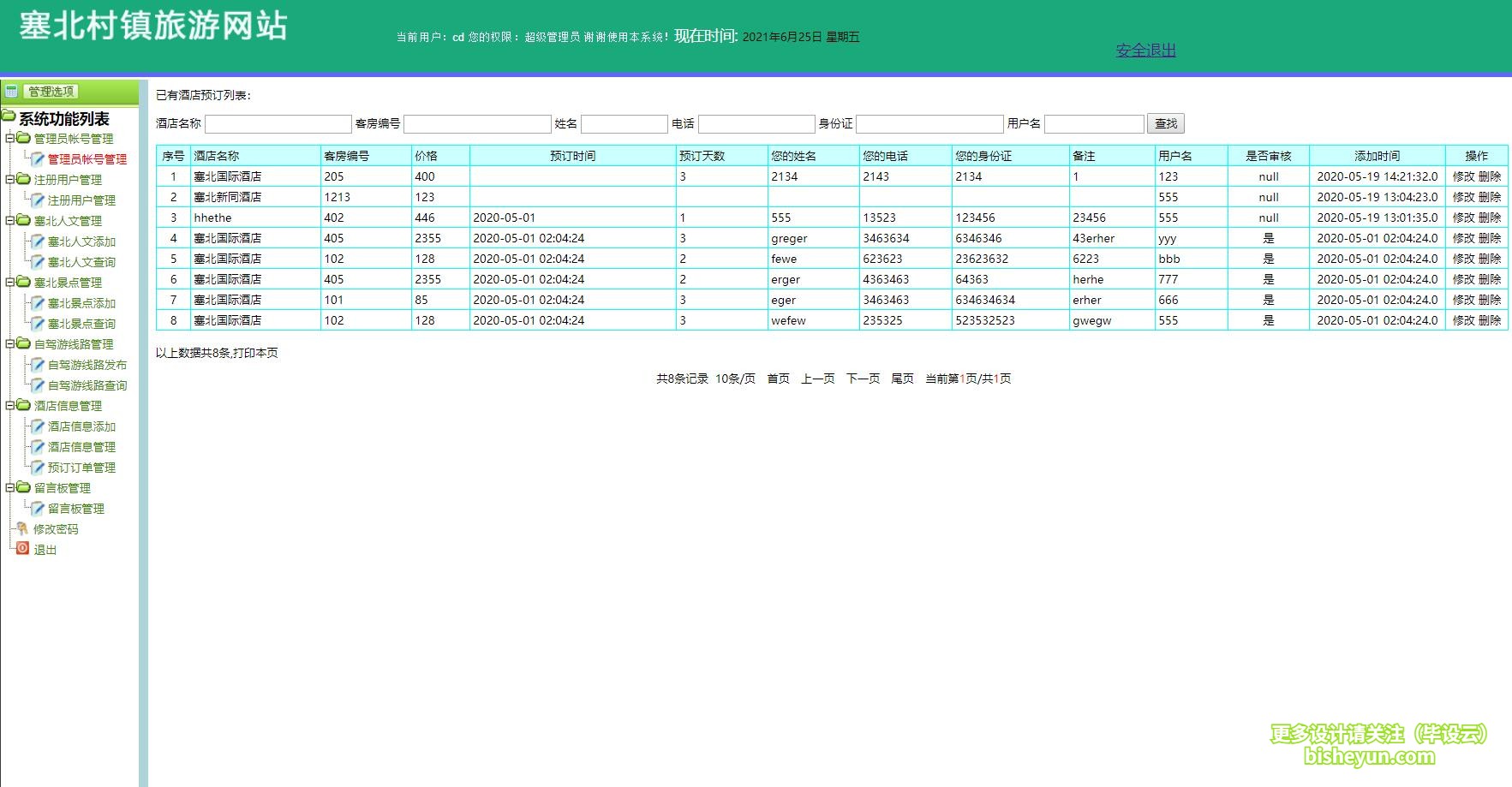 毕设云-基于jsp旅游网站管理系统-酒店预定信息查看