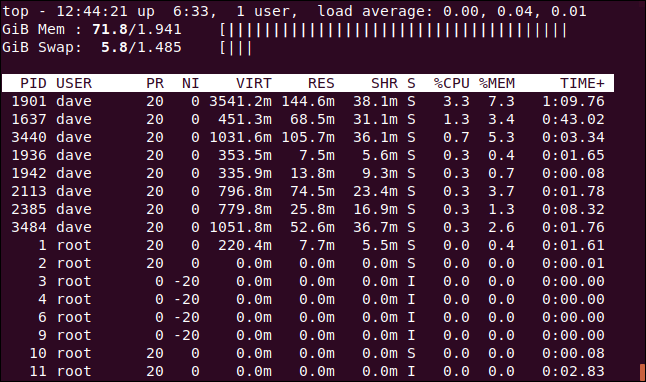 top showing ASCII graphs for the memory statistics, in a terminal window.