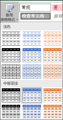 “套用表格格式”的 Excel 样式库选项