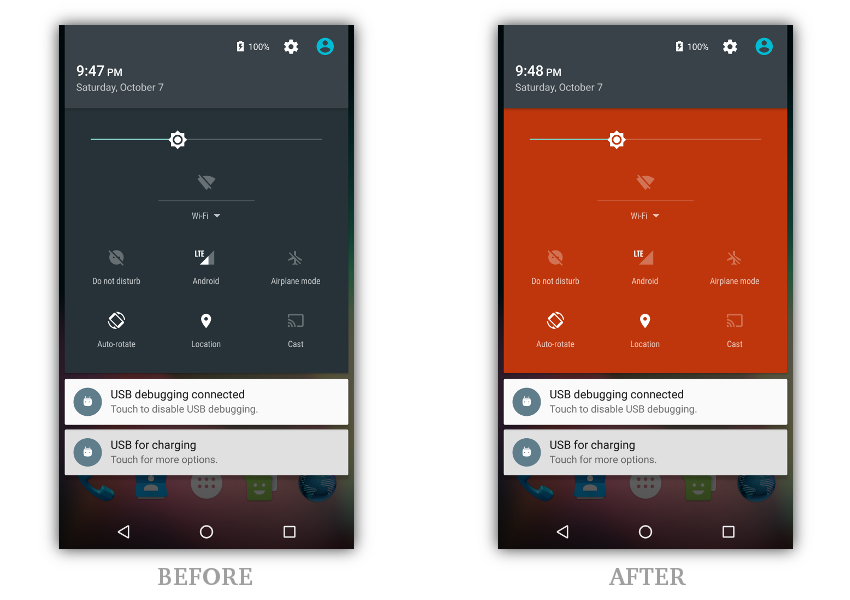 The quick settings tray before and after applying the theme