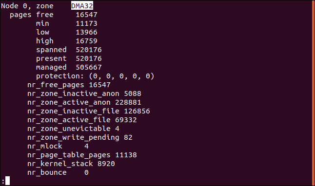 DMA32 water mark values in a terminal window