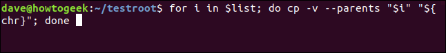 for i in $list; do cp -v --parents "$i" "${chr}"; done in a terminal window