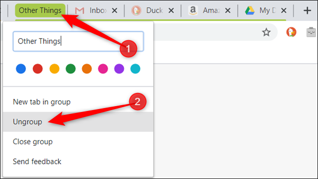 Ungroup all tabs in the group by clicking "Ungroup" from the Tab Group menu.