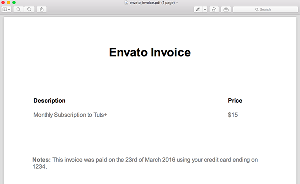 Envato发票PDF的示例