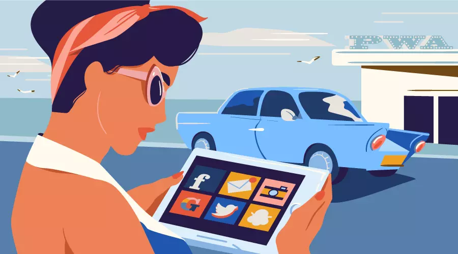 Woman in a 1950s, retro scene looking at a tablet with Progressive Web App icons