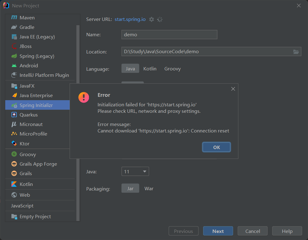 initialization failed for 'https: ' please check url ... lnitialization failed for ‘https://start.spring.io‘ Please check URL ...