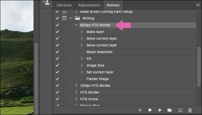 A "650px HTG Border" action in the Photoshop "Actions" menu.