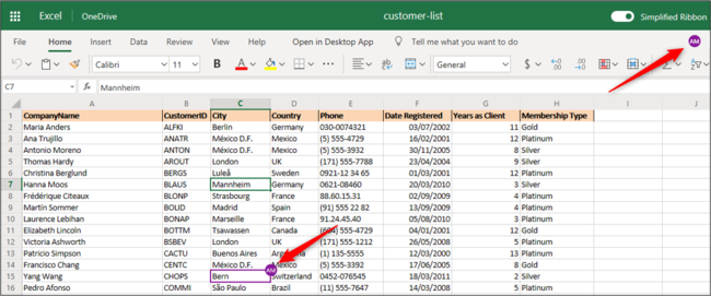 Shared workbook open in Excel for the web.