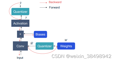 图 5.1 使用STE假设进行量化感知训练的前向和后向计算图