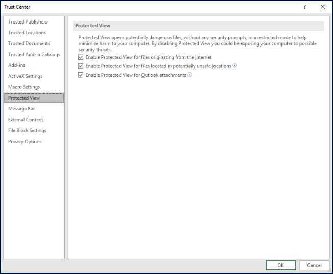 Excel Protected View settings