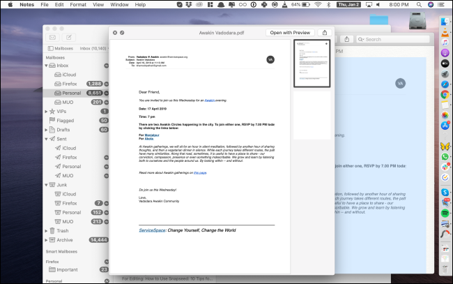 A Quick Look preview of a PDF in the Notes app.