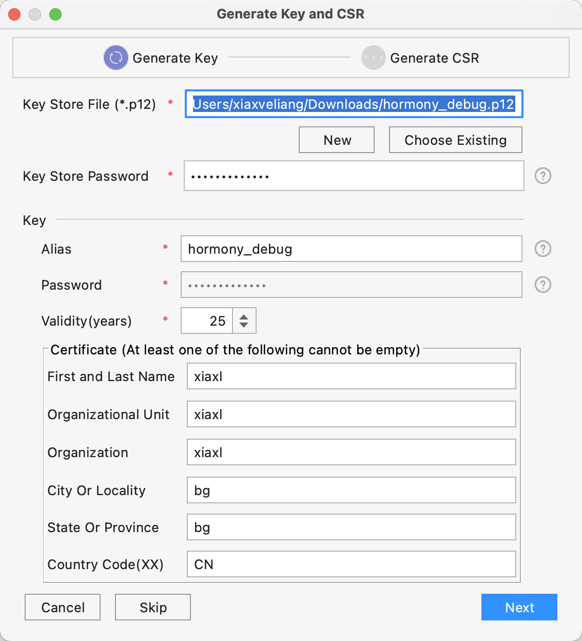 Generate Key界面中填写密钥信息
