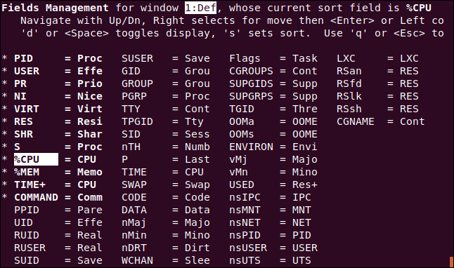 top showing the fields management screen, in a terminal window.