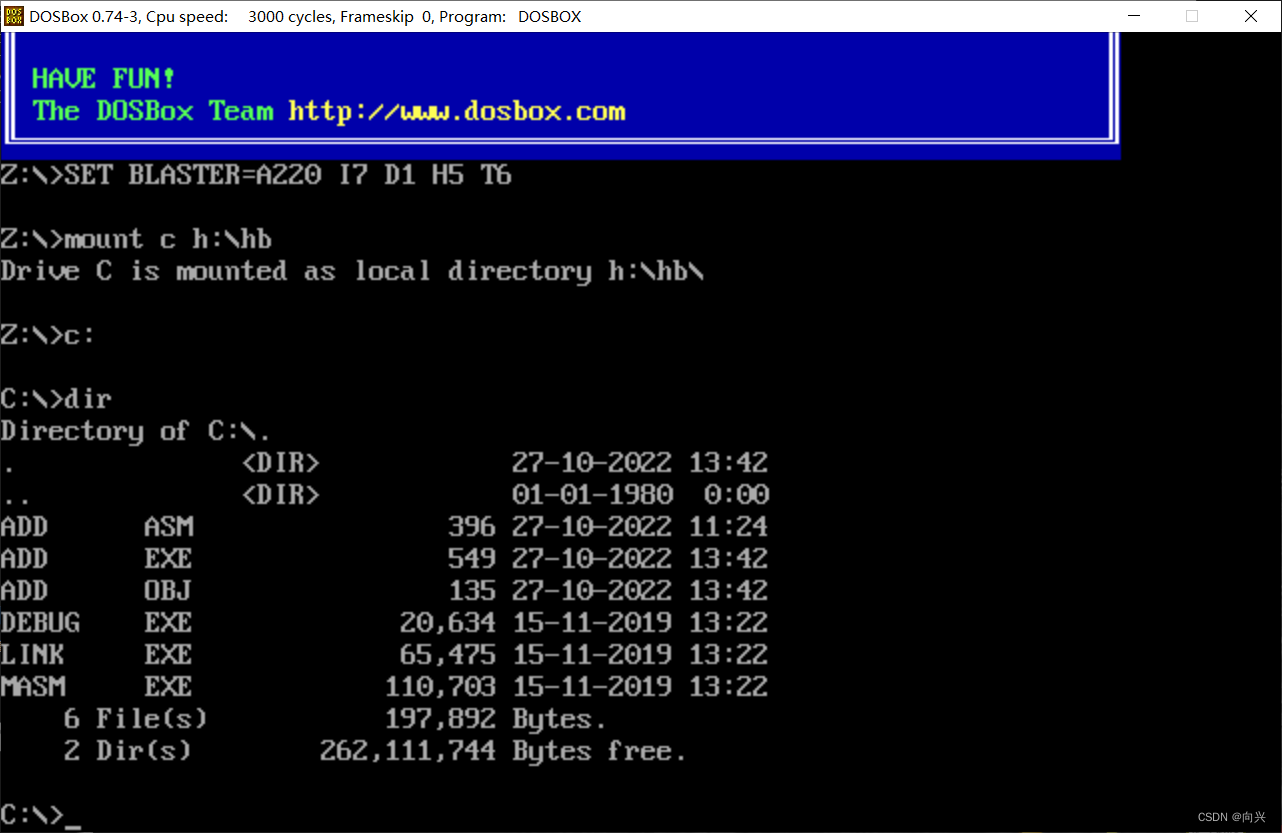 使用DOSBox软件运行一个汇编程序（add.asm）_dosbox如何运行asm程序-CSDN博客