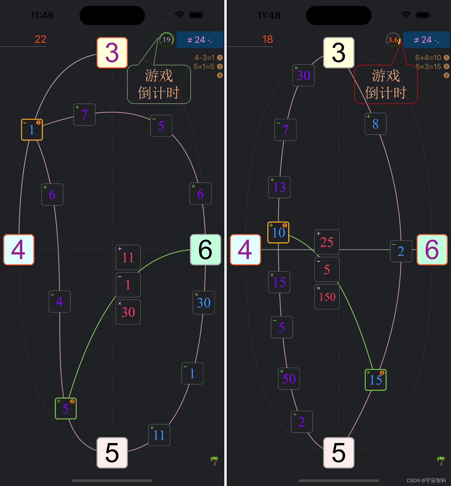 游戏倒计时(左：绿色标识；右：倒计时低于预设阈值，红色警告标识)