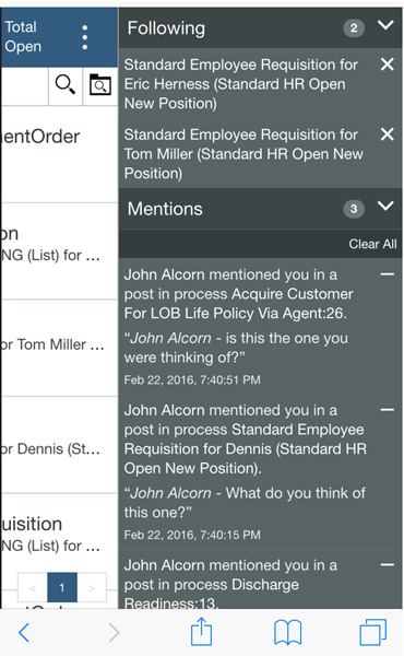 移动设备上的IBM BPM Process Portal中“关注和提及”列表的屏幕截图