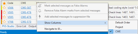 Figure 9. Context menu and the example of CWE output.