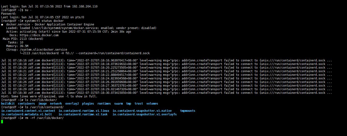 docker无法启动，报错grpc: addrConn.createTransport failed to connect to  {unix:///run/containerd/containerd._level=warning msg=