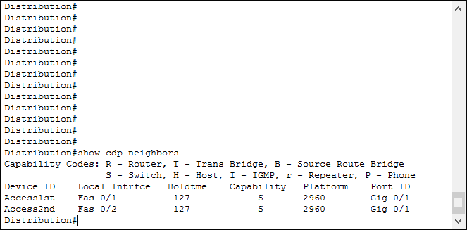 Packet Tracer 中的 CDP 和 LLDP 实验室，显示 cdp 邻居命令