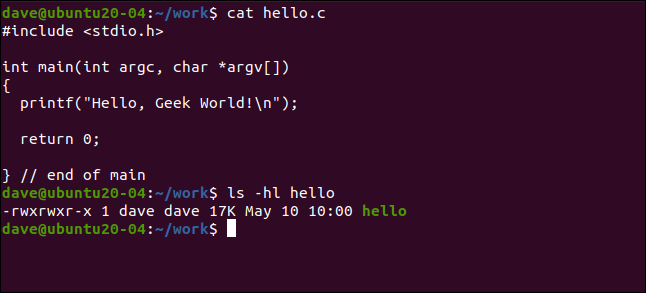 cat hello.c in a terminal window. 