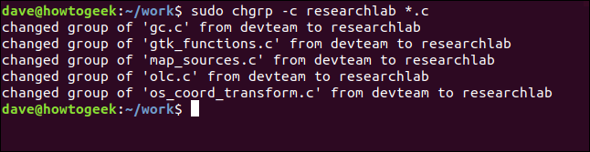 sudo chgrp -c researchlab *.c in a terminal window