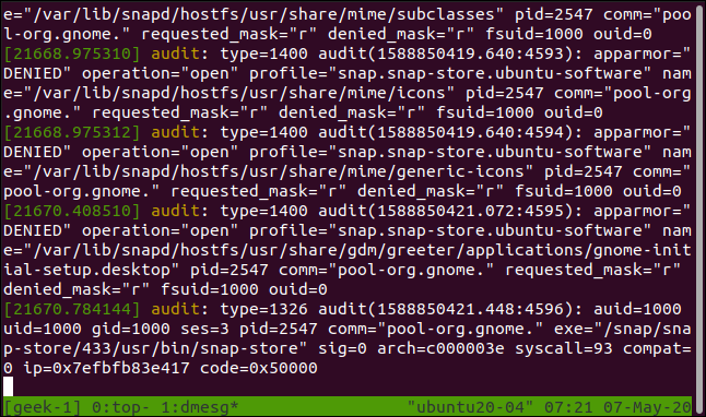 dmesg running in window two of a tmux session, in a terminal window.