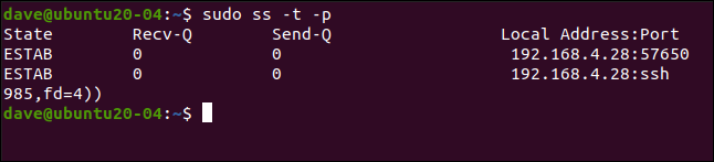 sudo ss -t -p in a terminal window.